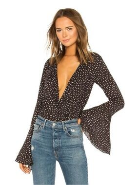 Free People Black and White Polka Dot Bell Sleeve Blouse Bodysuit Size M